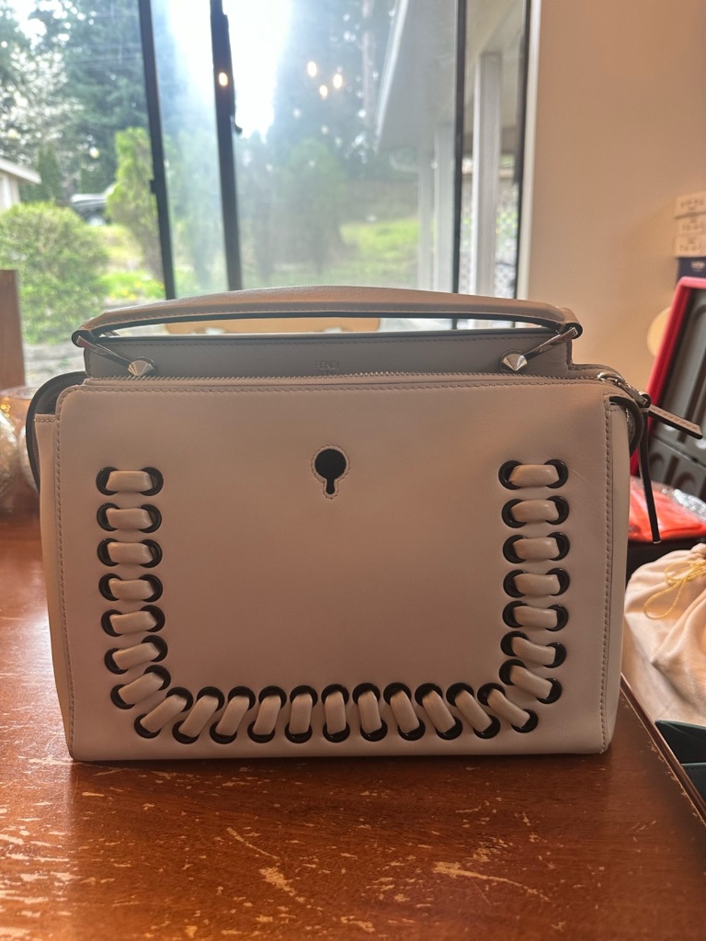 Fendi Cream Leather Top-Handle Satchel with Whipstitch Accent